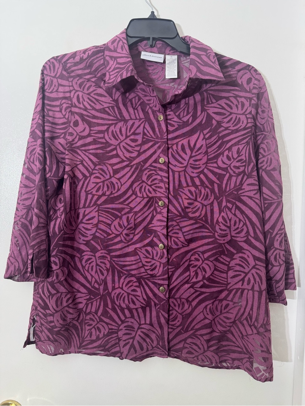 Alfred Dunner Pink and Deep Purple Leaf-Print Button-Down Shirt